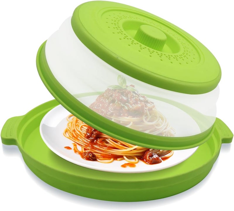 HANTUSWUS Microwave Splatter Cover 10.2 Inch, Collapsible Silicone Lid & Tray with Handles, Fits Standard & Compact Microwaves, Vented Splash Guard for Food, BPA-Free & Dishwasher Safe - Image 1